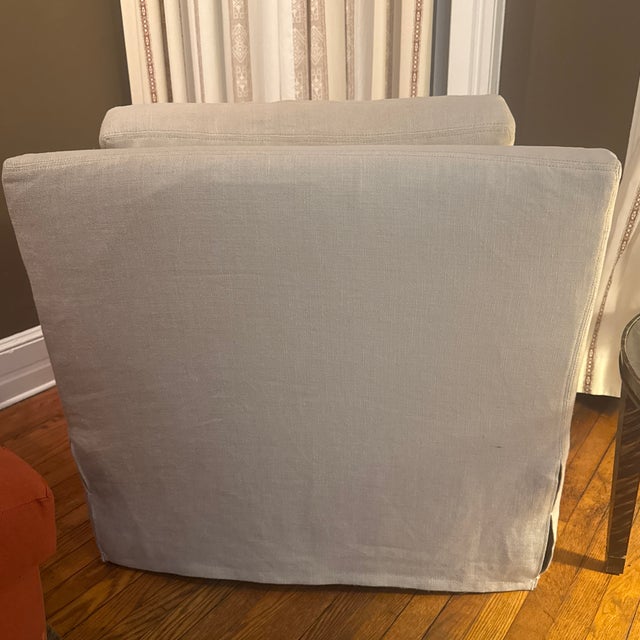 Linen Pair Restoration Hardware Belgian Slipcovered Square Arm Lounge Chairs Linen Skirted For Sale - Image 8 of 9