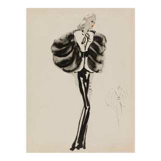 Vintage French Fashion Art Print – Black and White Fur Sleeve Illustration, 24" X 32" For Sale