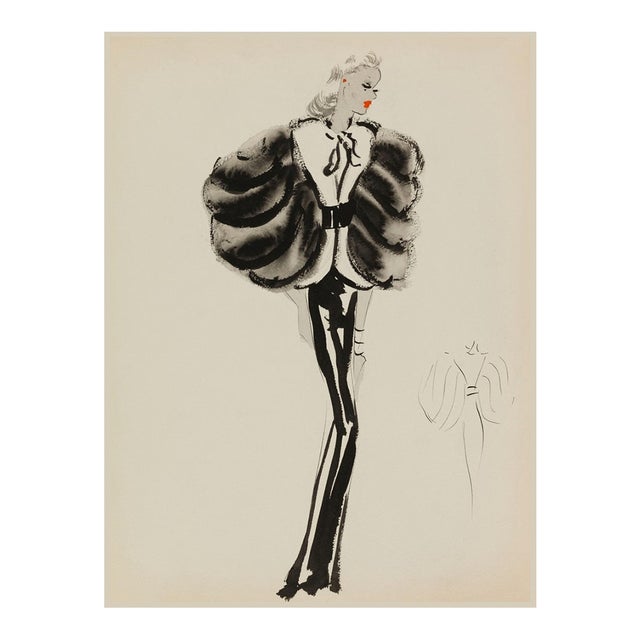 Vintage French Fashion Art Print – Black and White Fur Sleeve Illustration, 24" X 32" For Sale