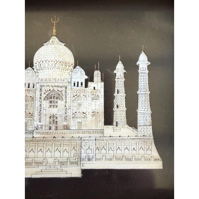 Vintage Inlaid Mother of Pearl Taj Mahal Plaque Wall Art, Deep Wood Frame 5.5x7” For Sale - Image 4 of 7