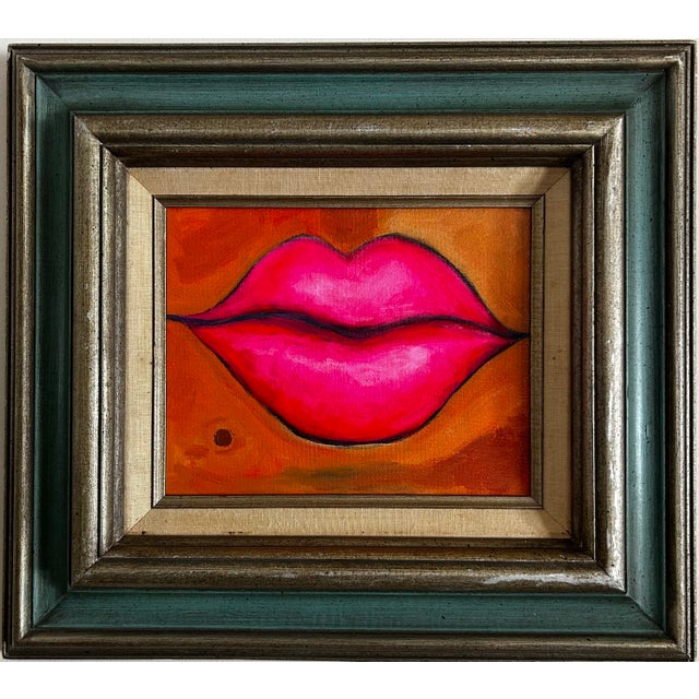 Pop Art Original Pop Art Painting of Hot Pink Lips in Vintage Wood Frame For Sale - Image 3 of 6