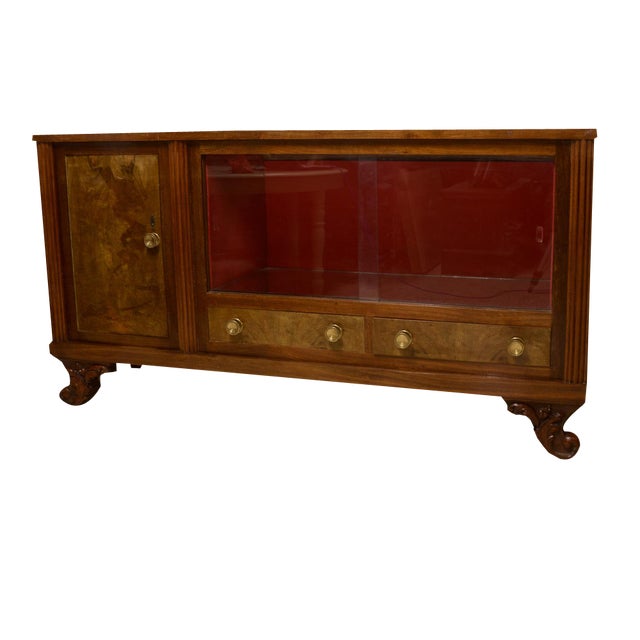 Art Deco Sideboard in Walnut Briar with Sliding Glass, Italy, 1940s For Sale