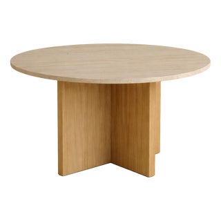 Round Roman Travertine and Oak Dining Table by Lebanto For Sale
