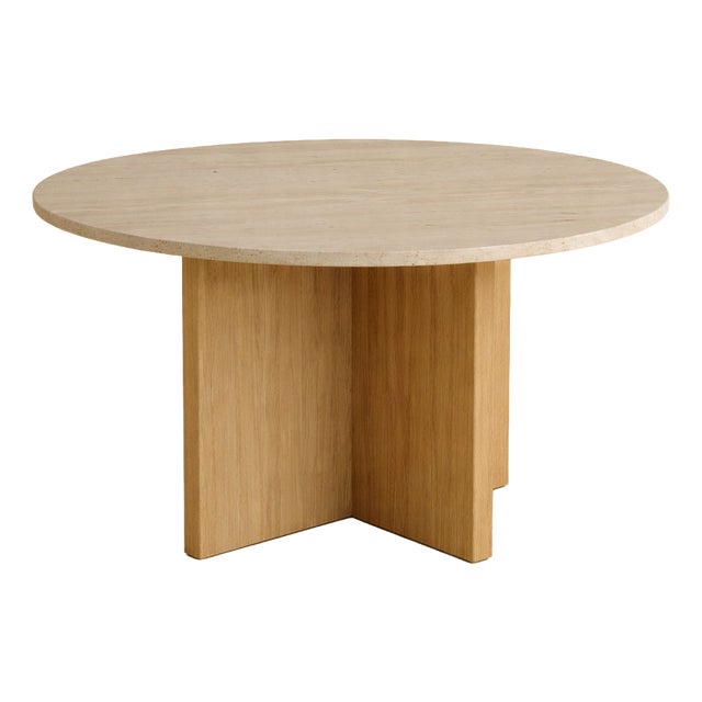 Round Roman Travertine and Oak Dining Table by Lebanto For Sale