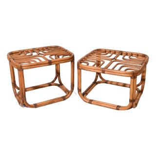 Vintage Rattan Fretwork Side Tables, Pair For Sale