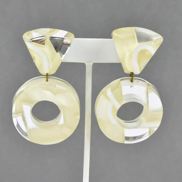 Kaso Cream-White and Mirror Acrylic Resin Clip Earrings For Sale - Image 9 of 10