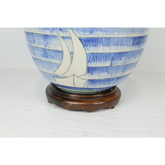 Blue Blue and White Mid Century Studio Pottery Table Lamp With Sailing Motif and Dual Pull Chain Lights For Sale - Image 8 of 12