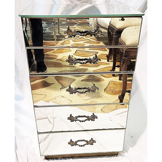 Vintage Hickman Mirrored nightstand or bath etc, 1940-50s from Flushing NY. Five drawers mirrored over gold painted...