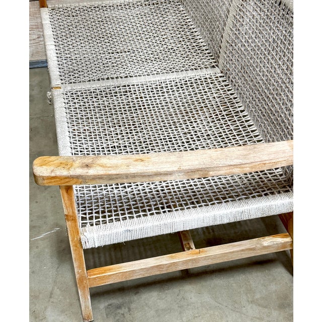 Boho Danish Modern Bleached/ Weathered Teak & Woven Rope Settee For Sale - Image 4 of 18