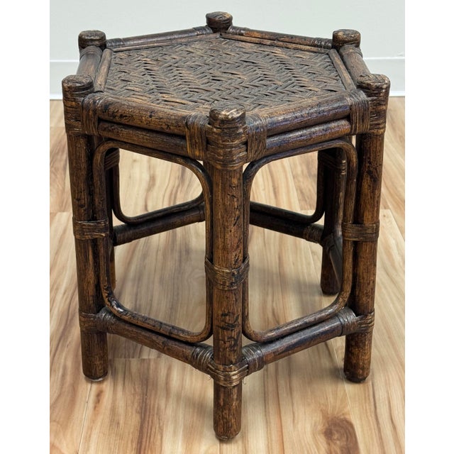 Wood Vintage Hexagonal Rattan and Woven Wicker Side Table For Sale - Image 7 of 8
