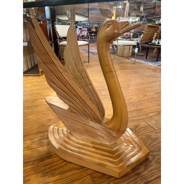 Vintage Hollywood Regency Style Wood Swan Pedestal Glass Top Table For Sale - Image 4 of 8