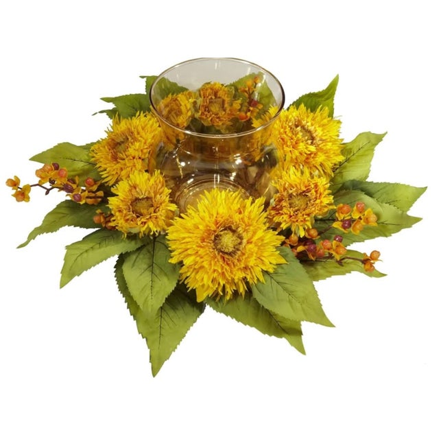 Yellow Natural Looking Beautiful Golden Sunflower Candle Holder Silk Flower Arrangement For Sale - Image 8 of 9