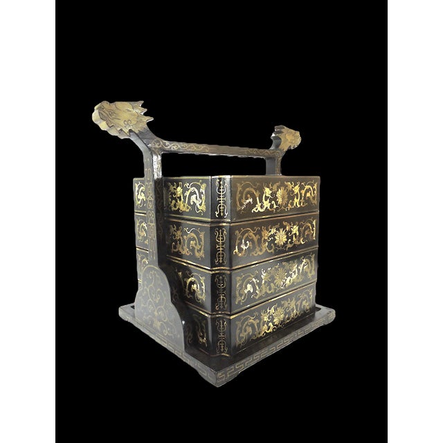 Chinoiserie Old Chinese Black Lacquer With Gold 'Dragons and Bats' Wedding Chest or Tiered Long Life Storage Box For Sale - Image 3 of 12