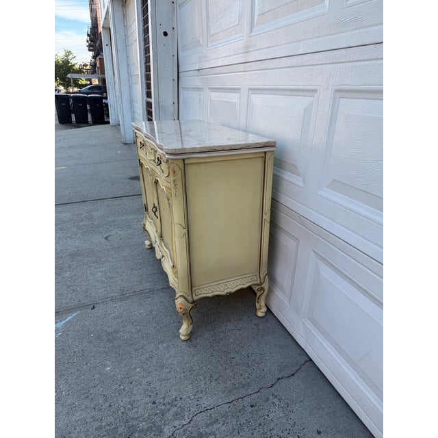 Vintage French Provincial Hand Painted Cane Door Cabinet With Marble Top For Sale In New York - Image 6 of 11