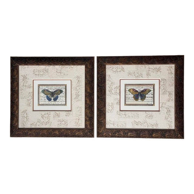 Pair of John Richard Collection Butterfly Music Sheet Framed Art For Sale