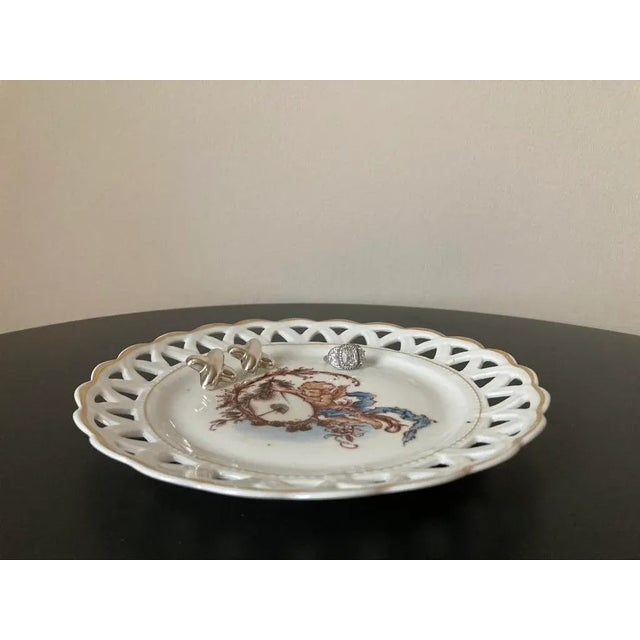 Ceramic Antique English Romantic Cherub Cupid Valentines Heart Porcelain Plate With Reticulated Margin and Gold Rim For Sale - Image 7 of 12