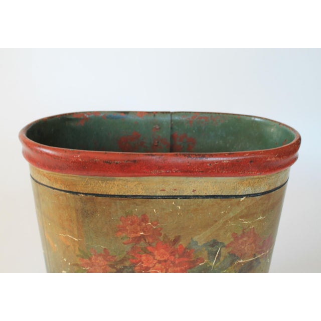 Antique Leather Wrapped Floral Wastebasket For Sale - Image 9 of 11