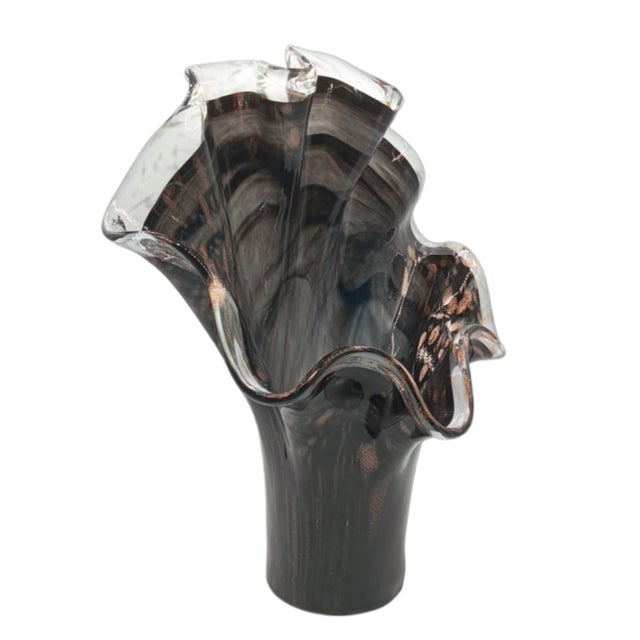 This gorgeous ruffled asymmetric fan-shaped clear rim large glass vase with smoky gray and black swirl with copper mica...