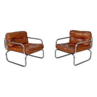 Modern Italian Brown Faux Leather and Chromed Metal Chairs, 1970s, Set of 2 For Sale