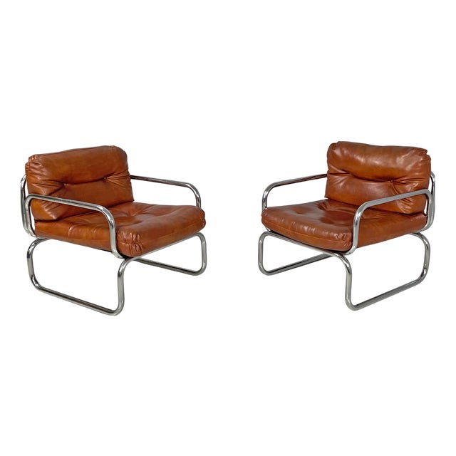 Modern Italian Brown Faux Leather and Chromed Metal Chairs, 1970s, Set of 2 For Sale