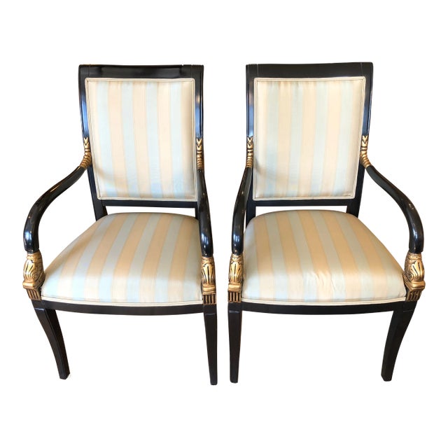 Regency Style Black & Gold Dolphin Motif Armchairs -A Pair For Sale