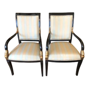 Regency Style Black & Gold Dolphin Motif Armchairs -A Pair