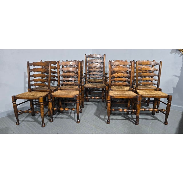 Brown Vintage Lancashire Oak Dining Chairs with Ladder Back, 1920, Set of 12 For Sale - Image 8 of 16