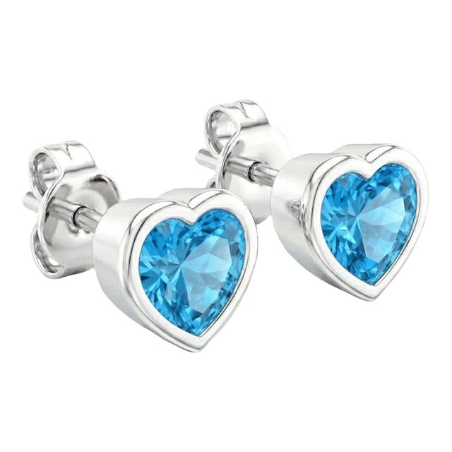 Beautiful Swiss Blue Topaz Heart Shape Studs, Dainty 925 Silver December Birthstone Earlobe Studs - A Pair For Sale
