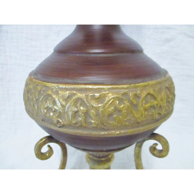 Vintage Tall Brown Turned Wood & Gold Metal Tripod Decorative Table Art For Sale In Miami - Image 6 of 10