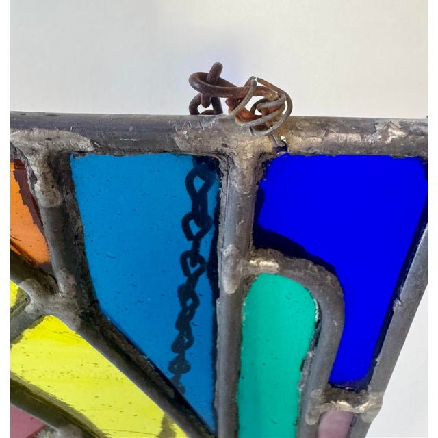 Mid 20th Century Vintage Leaded Stained Glass Window Panel Art Deco Style Geometric Hanging For Sale - Image 5 of 9
