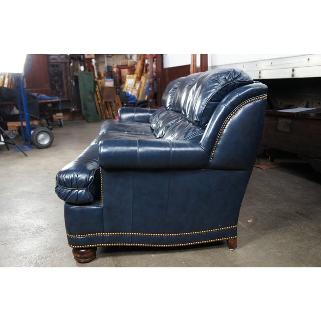 Hancock & Moore English Style Austin High Back Blue Leather Library Sofa Couch For Sale - Image 9 of 12