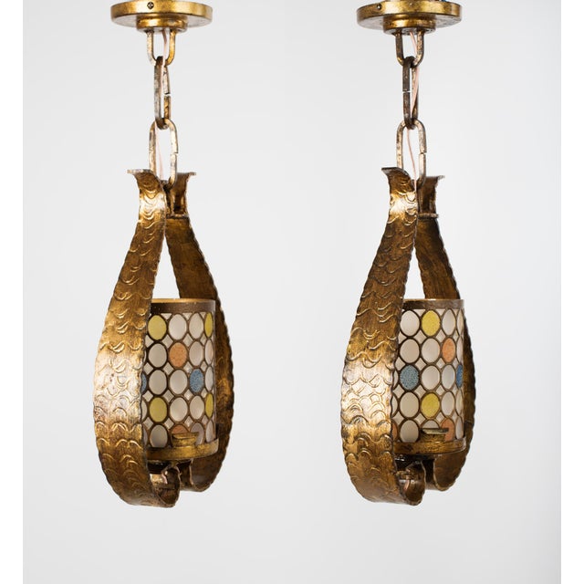 1950s Spanish Gilt Wrought Iron Lantern Pendants – Neoclassical Mid-Century Modern Ceiling Lights, Pair For Sale - Image 6 of 15