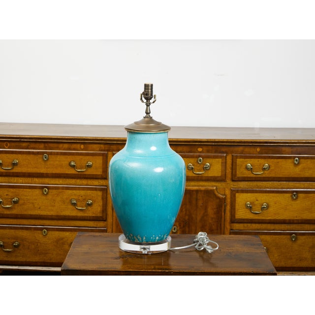 Mid 20th Century Midcentury Turquoise Table Lamp Mounted on Lucite Base, US Wired For Sale - Image 5 of 7