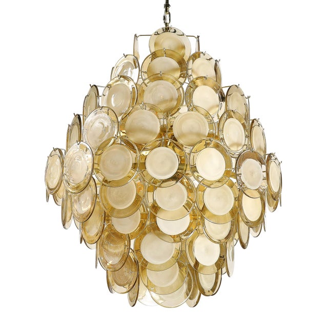 Modern Modernist 10-Tier Handblown Topaz Murano Glass Disc Chandelier W/ Brass Fittings For Sale - Image 3 of 17
