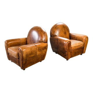 Vintage French Art Deco Distressed Leather Club Chairs - a Pair For Sale