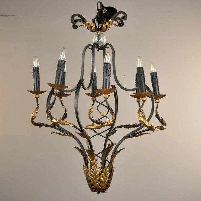 Vintage Italian Black and Gilt Tole Eight Light Chandelier For Sale - Image 10 of 12
