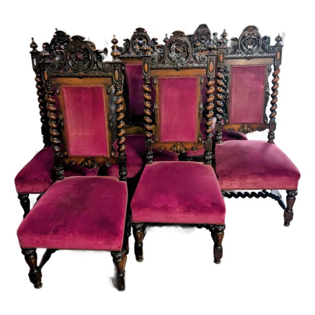 Set of 6 Renaissance 19th Century Carved Dining Chairs For Sale