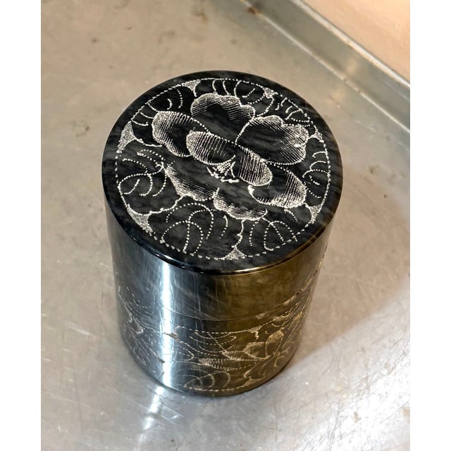 Asian Etched Grey Marble Cylindrical Box For Sale - Image 3 of 4