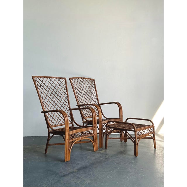 Vintage Boho High Back Trellis Rattan Lounge Chairs - A Pair For Sale - Image 4 of 12