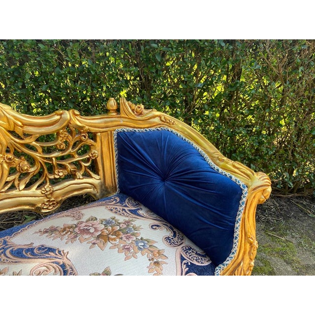 Elegant Late 20th-Century French Louis XVI Gilded Settee in Blue Damask Bring timeless French elegance into your home with...