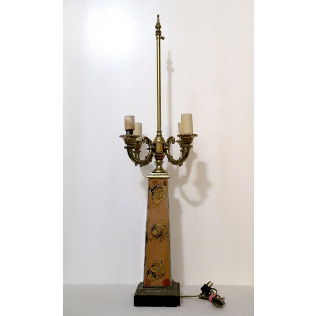Wood Mid 19th Century Victorian Elm and Brass Decoupage Lamp and Shade With Finial For Sale - Image 7 of 13
