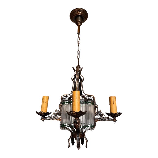 1920s Chandelier With Original Bronze Patina and Glass Beads For Sale