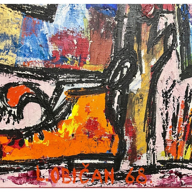 Lazar Obican, Large Naive European Folk Art Oil Painting Lazar Obican French Scarecrow Clown, 1968 For Sale - Image 4 of 9