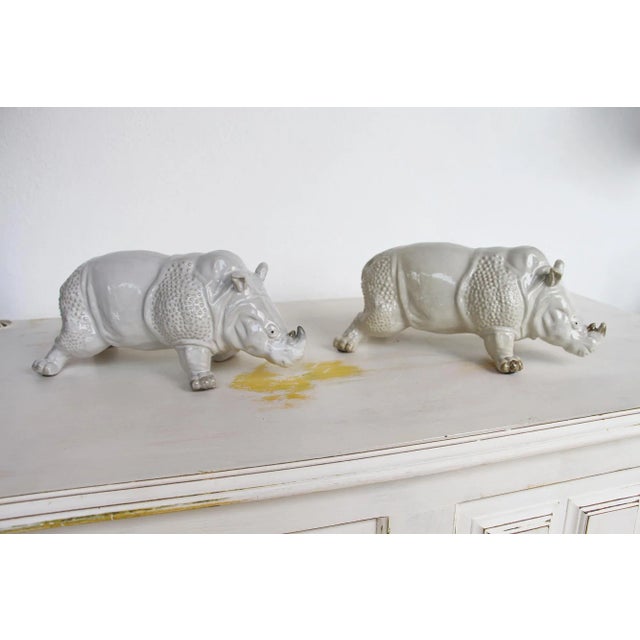 Mid-Century Modern French Glazed Earthenware Rhinoceros Figurines - a Pair For Sale - Image 3 of 13