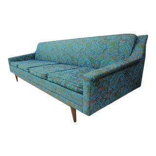 Mid Century Modern Floral Turquoise Large Sofa For Sale