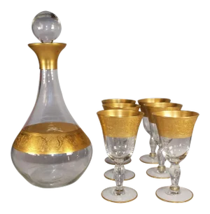 1970s Hand-Blown Wide Gold Band Glass Decanter & 6 Glasses Set