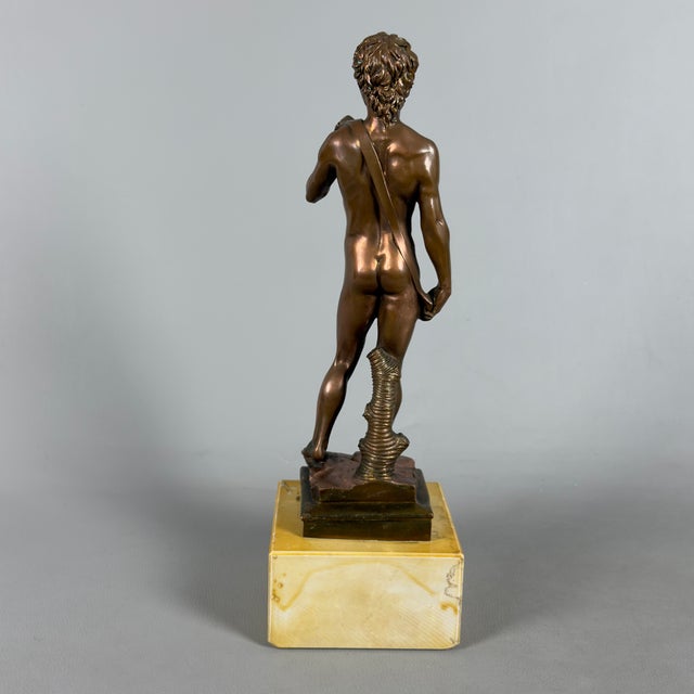 Sculpture of David in Bronzed Metal on Marble Base after Michelangelo, 20th Century For Sale - Image 3 of 13