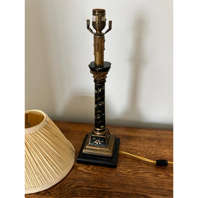 Late 20th Century Black and Gold Neoclassical Style Column Lamp With Painted Florals For Sale - Image 9 of 12
