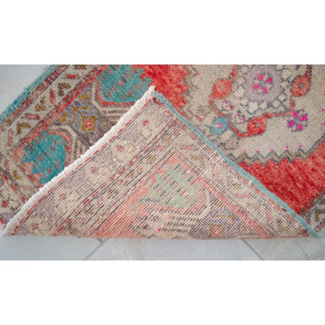 Small Vintage Turkish Oushak Rug 2x3 Hand Knotted Wool Red Teal Entryway Mat Handmade Doormat For Sale - Image 9 of 14