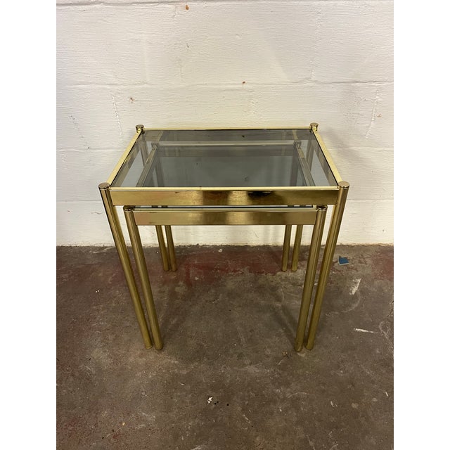 1970s Mid Century Brass Plated and Smoked Glass Nesting Tables Belgo-Chrome Manner For Sale - Image 5 of 11